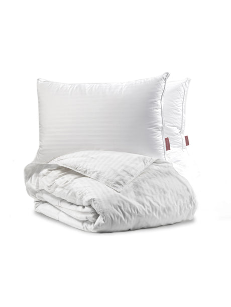 Duvet et oreillers Dulcia en duvet fabriqués à Montréal, qualité d'hôtel, confortable et respirant, coquille en coton strié