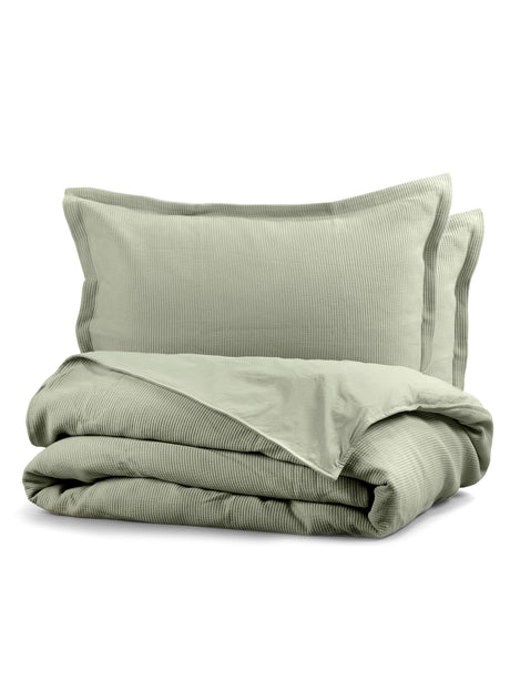 Housse de couette Sophia en coton côtelé couleur vert sauge olive, respirante et fabriquée au Portugal