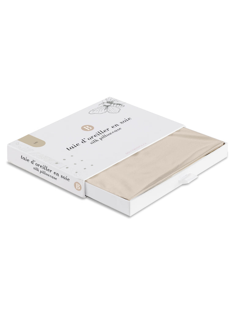 Boite de la taie d’oreiller en soie de mûrier couleur beige, 22 mommes, haut de gamme, doux, anti-âge et anti-frisottis